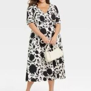 Ava & Viv Black & White Floral Sundress | Puff Short Sleeve |Size XL | EUC